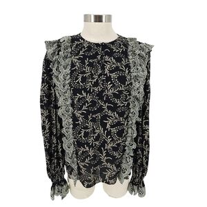 JOIE Blouse Black Floral Embroidered Ruffle Long Sleeve Button Front Shirt Small